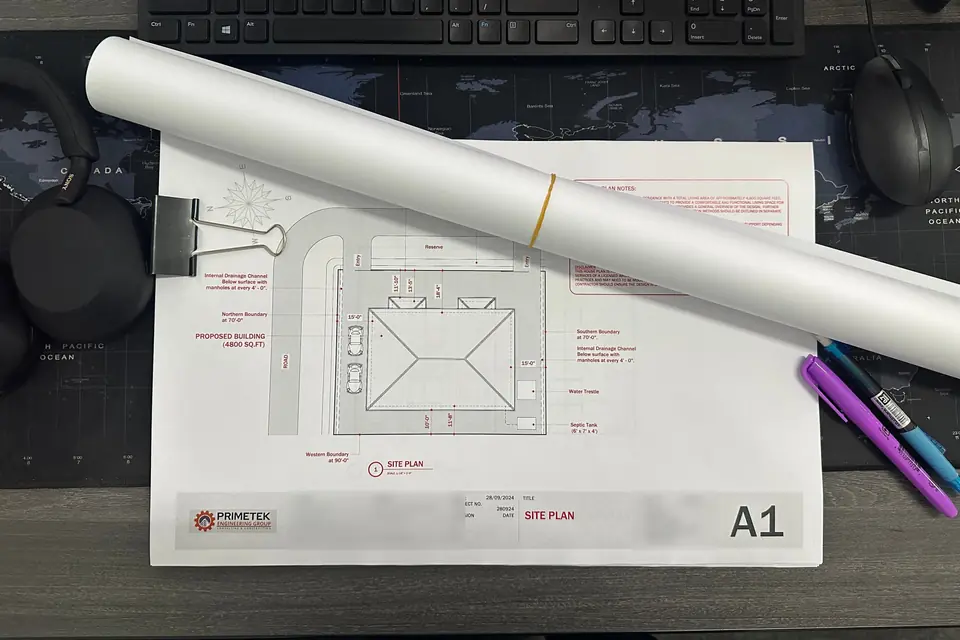 A PrimeTek site plan drawing, sheet A1, laid out on the drawing desk