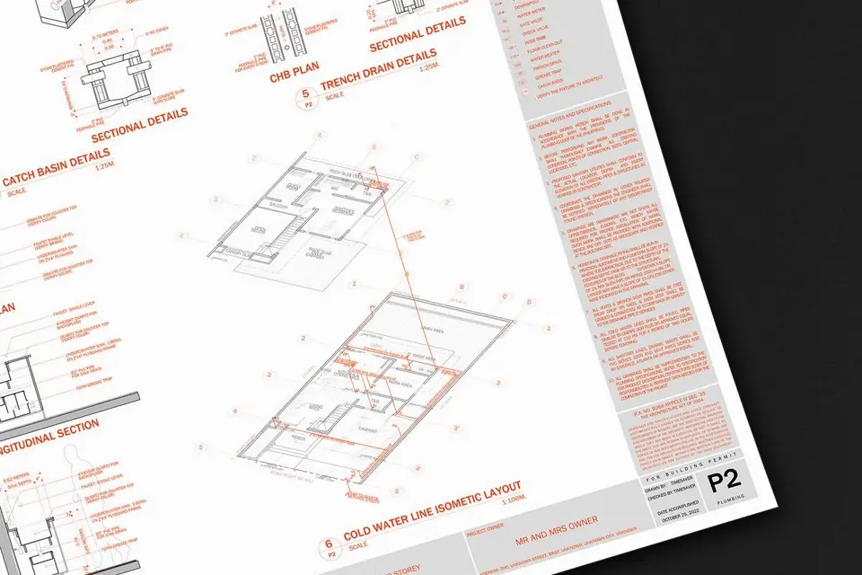 A plumbing services drawing sheet with isometric layouts, sectional details, and general notes