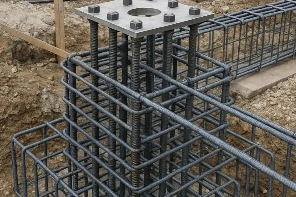 A reinforcement cage and base plate set out over a column foundation