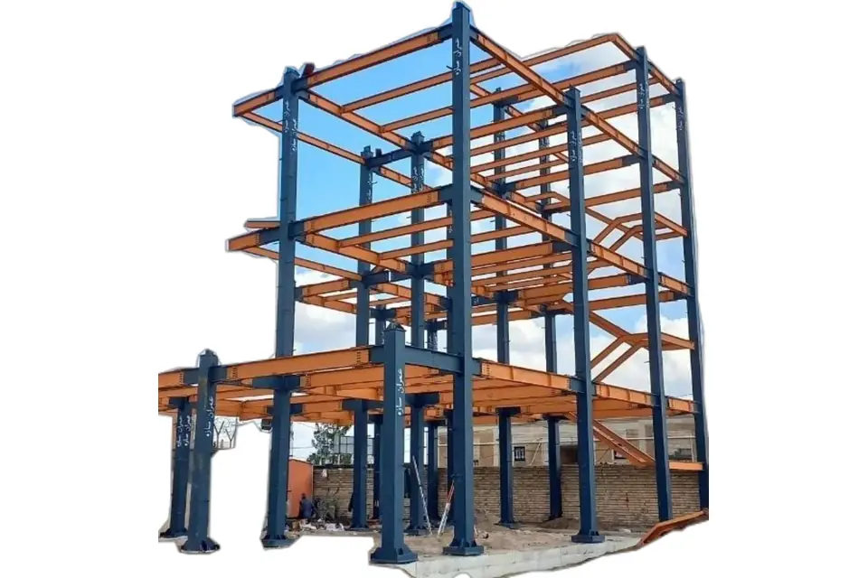 A multi-storey steel frame of columns and beams erected on its foundations