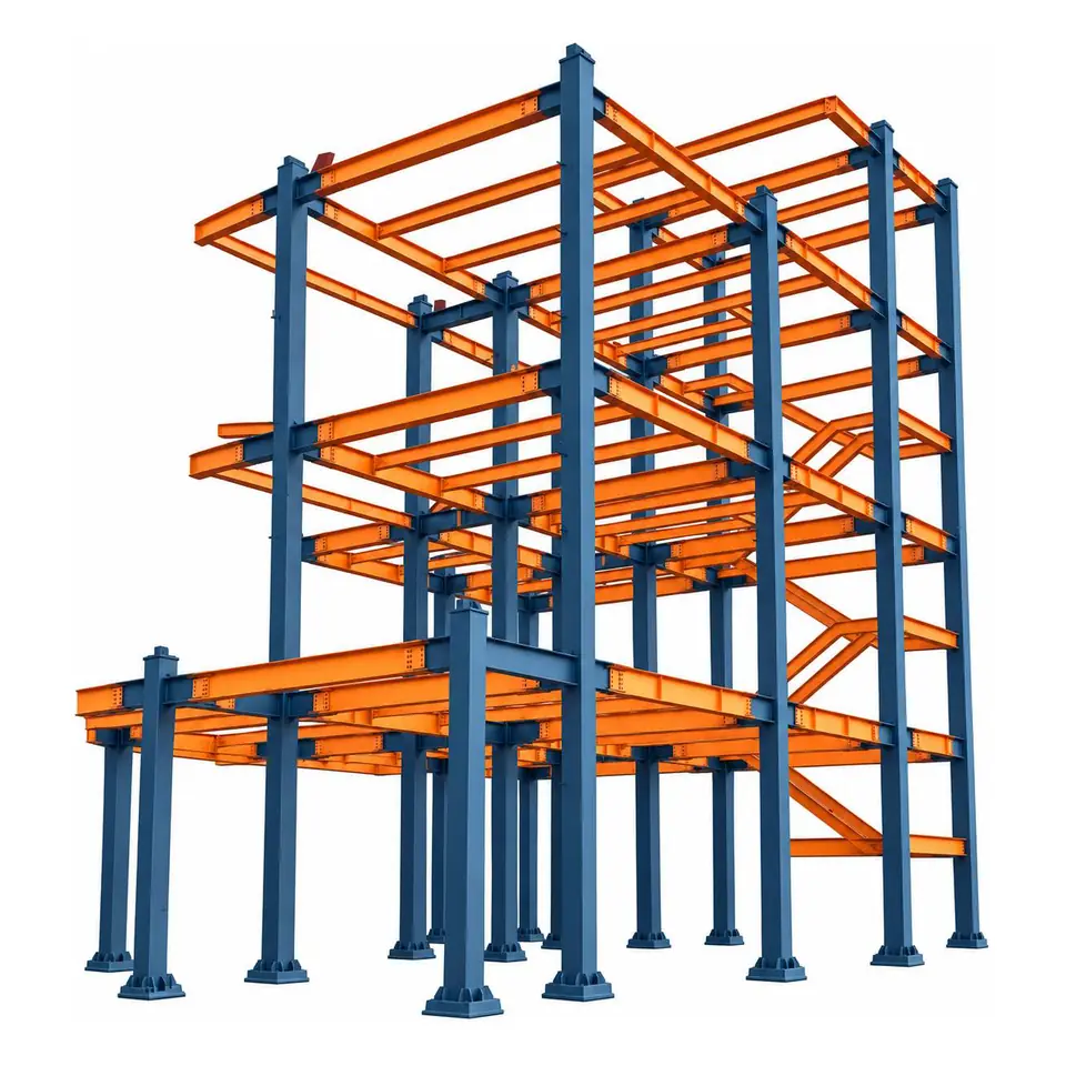 A multi-storey steel frame of blue columns and orange beams erected on its foundations