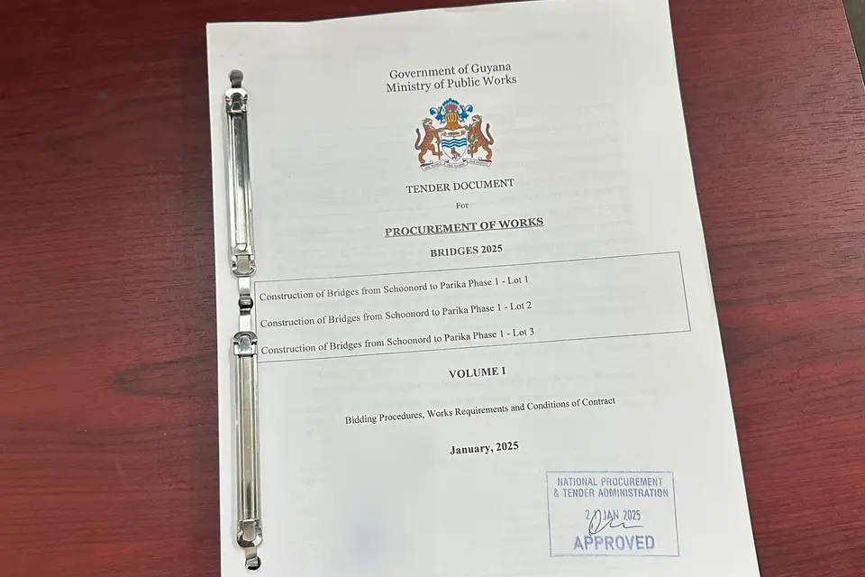 The cover of a Government of Guyana tender document for a bridge contract, stamped approved by the National Procurement and Tender Administration